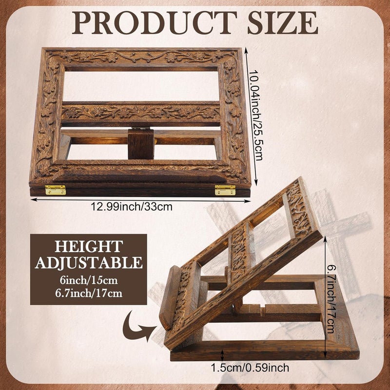 DoubleFill حامل الكتاب المقدس الخشبي القابل للتعديل، حامل الكتاب المقدس المنحوت، حامل الميسال، عرض الكتاب للقراءة، قابل للطي، حامل الكتاب المقدس الخشبي للصلاة، 12.99 × 10.04 بوصة (بني داكن) - Image 2